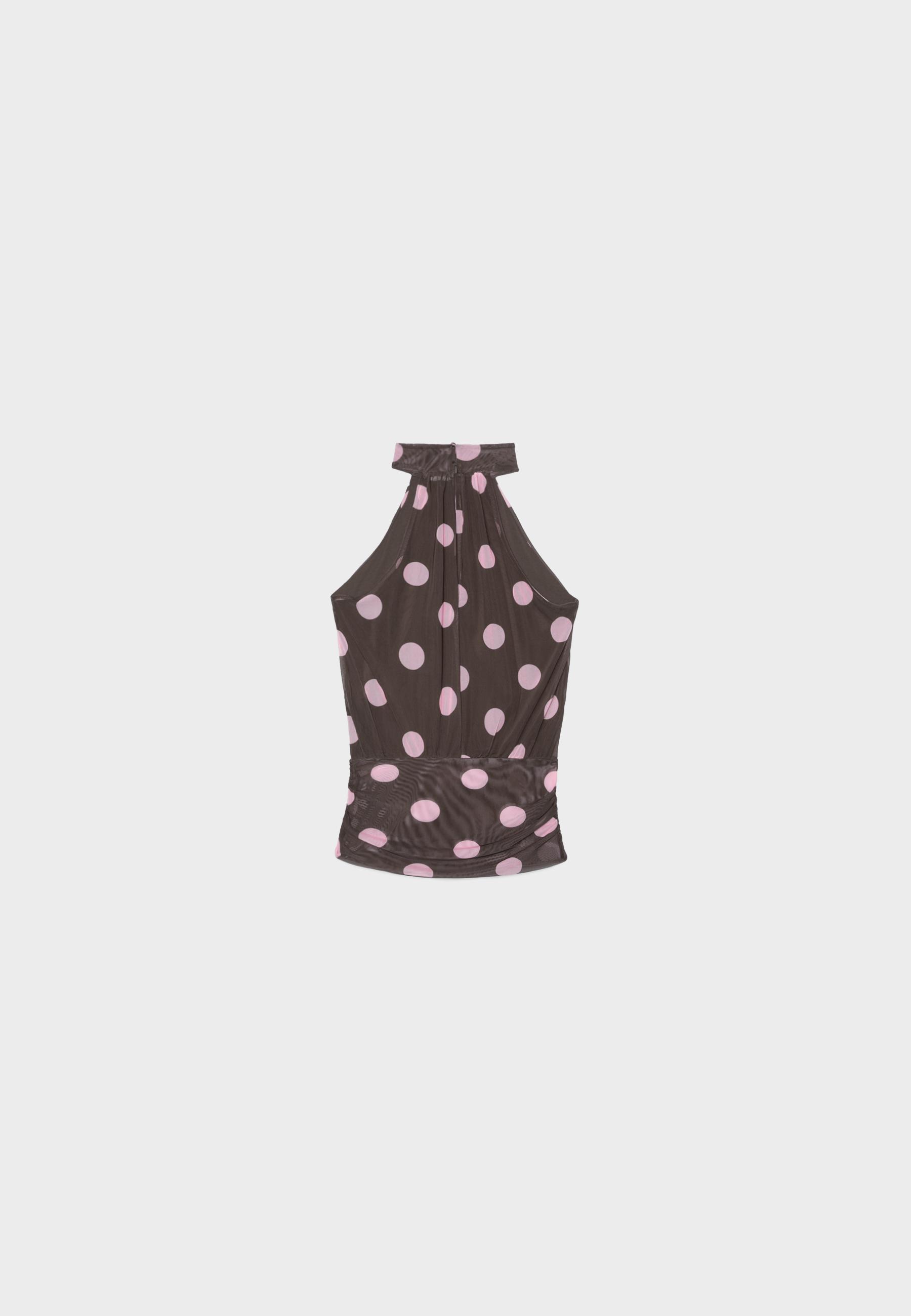 Puff mesh print halter top — Salmon pink