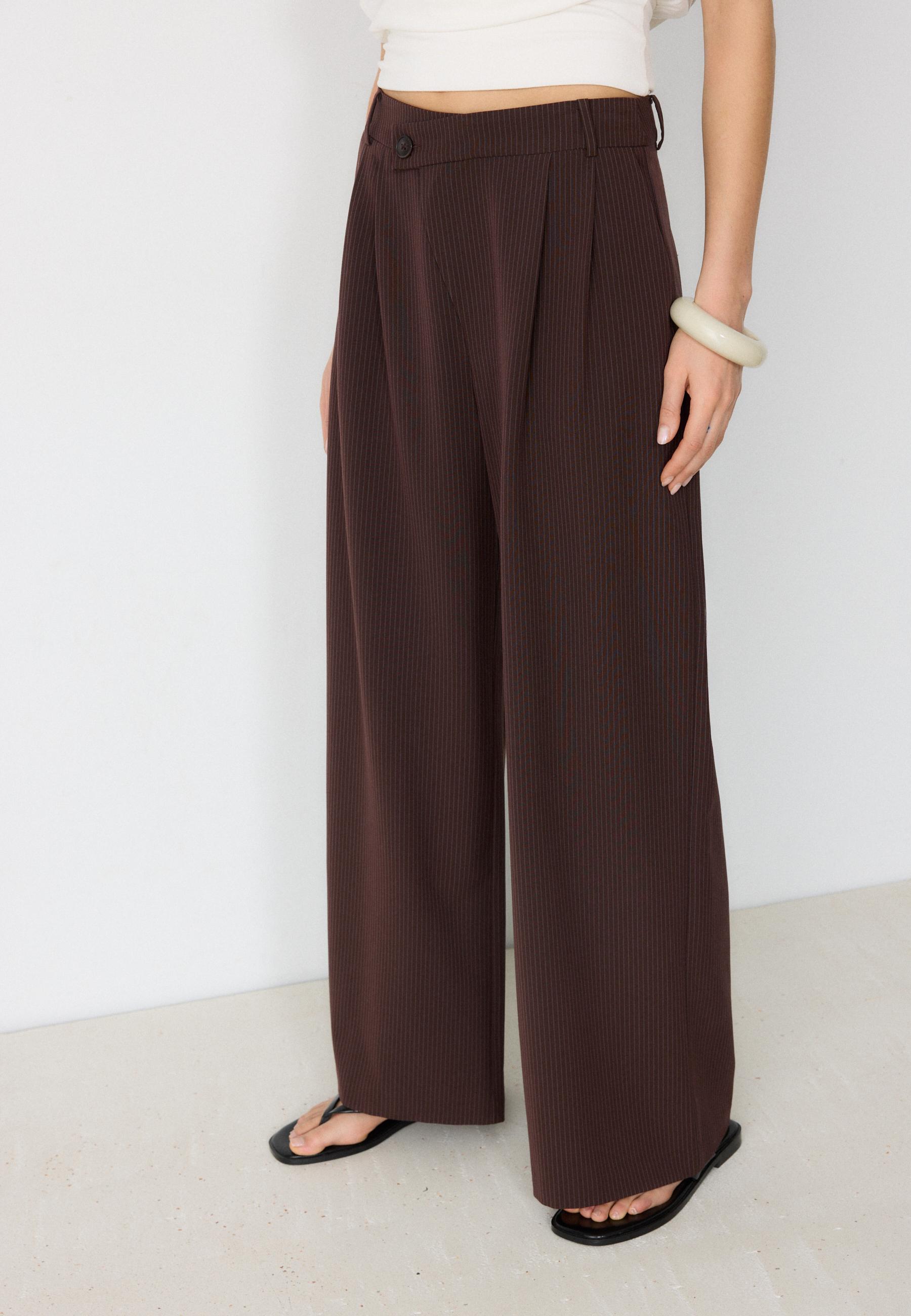 Casual striped smart trousers with crossover waist — Brown