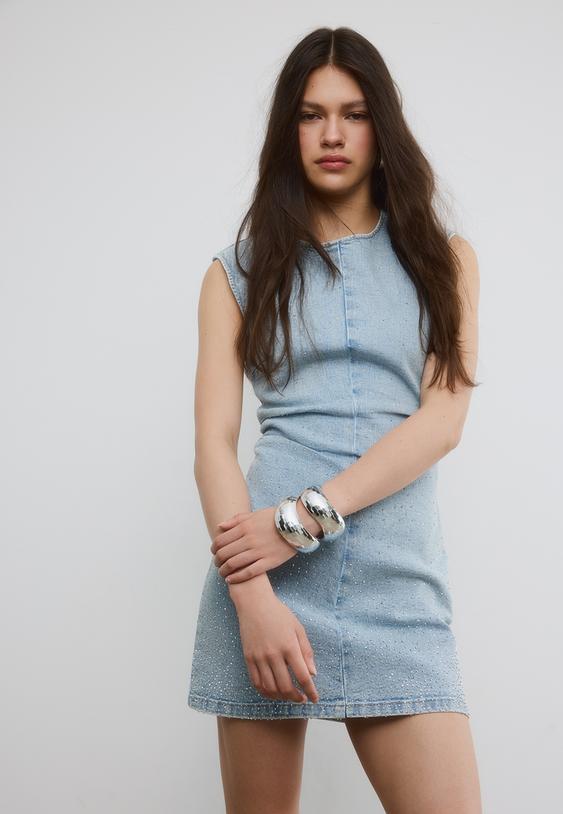 Stradivarius Short Denim Rhinestone Dress Medium Light Blue Denim L