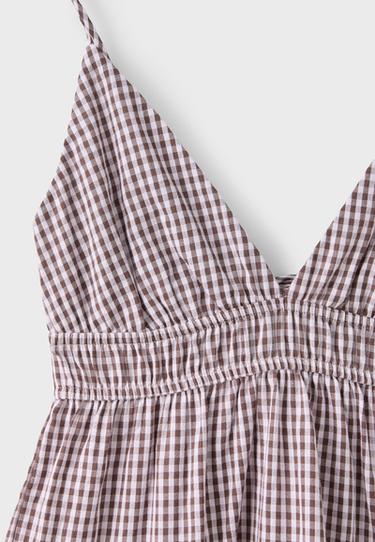 Gingham short dress with back neckline — GREY DENIM WASH 9