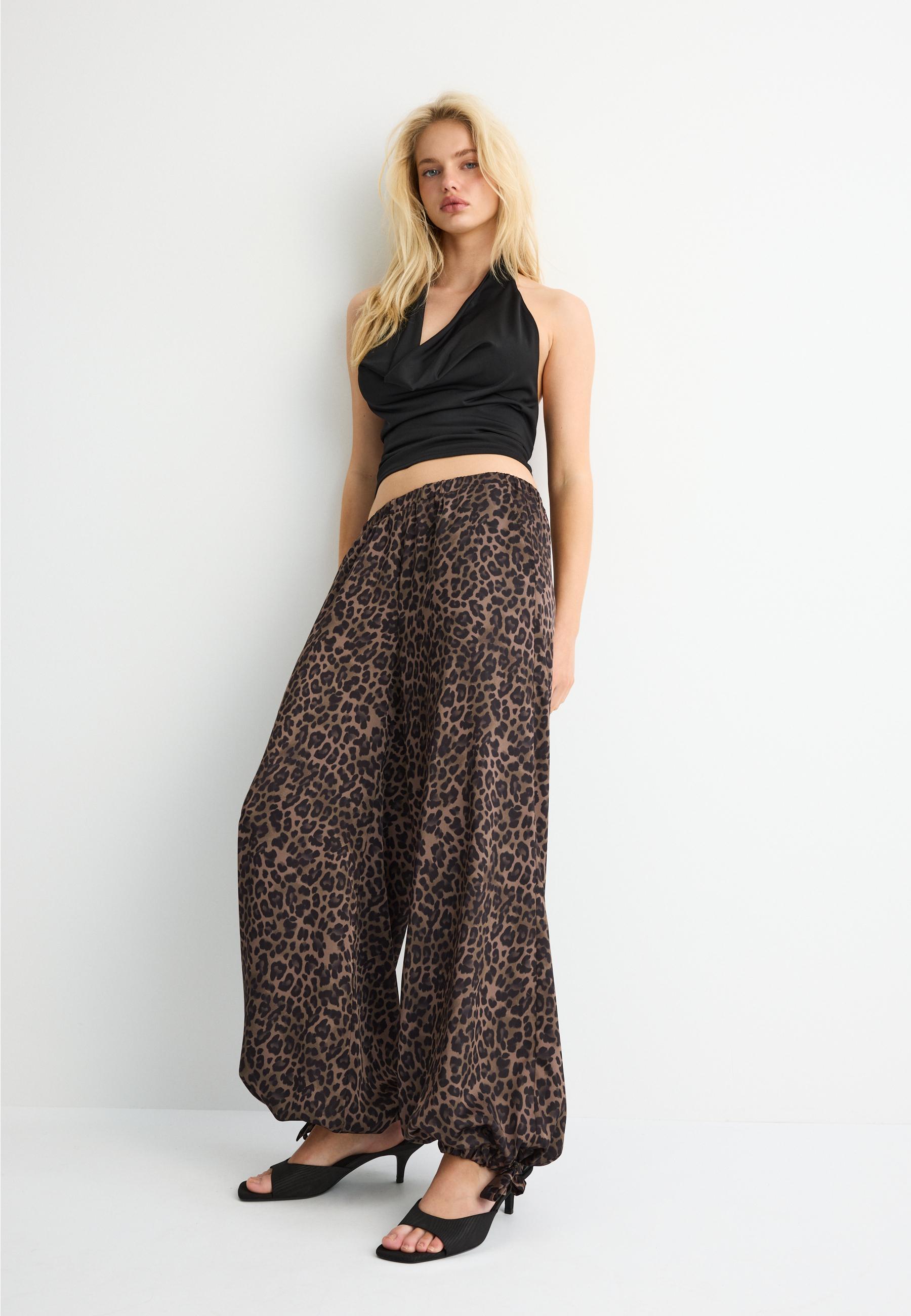 Printed flowing satin trousers — Mid beige