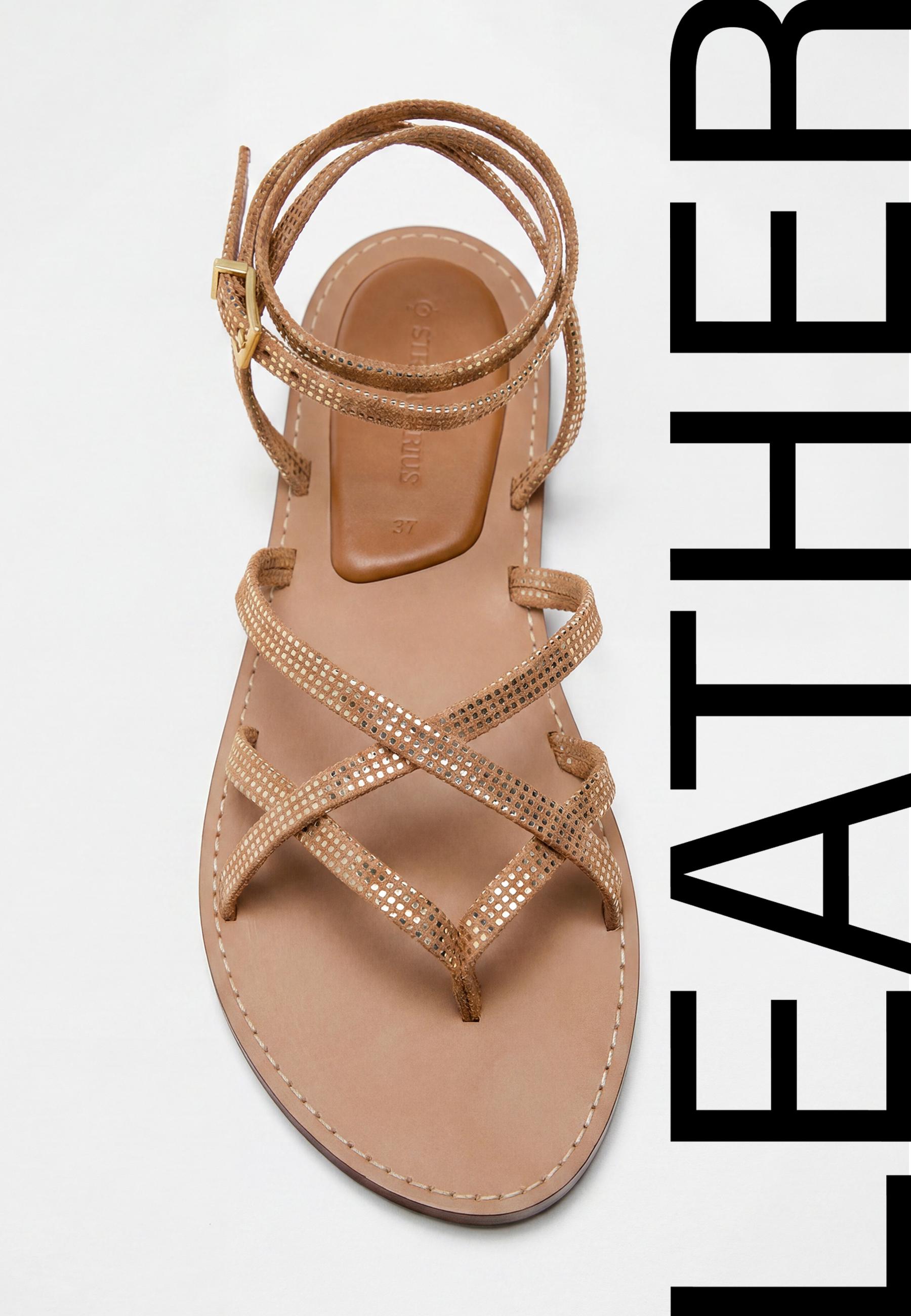 Flat studded leather strap sandals — BROWN