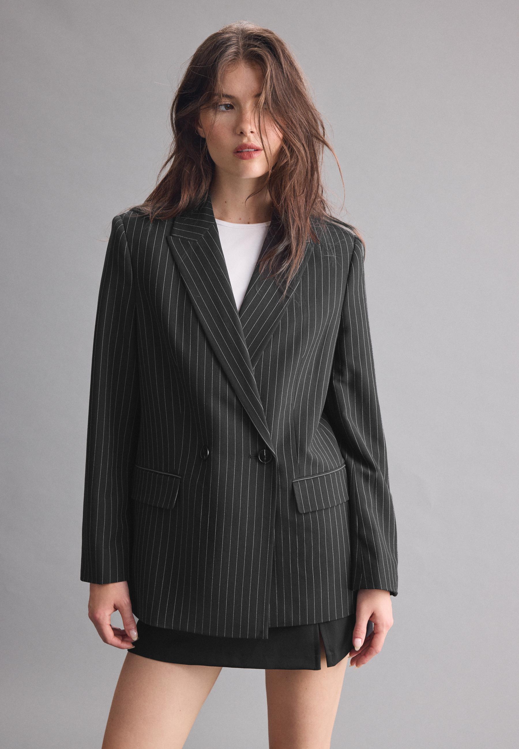 Straight striped button blazer — Black