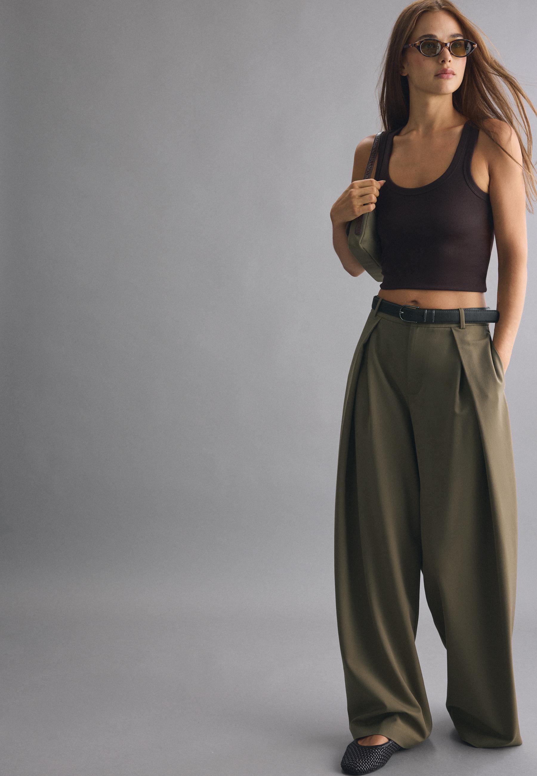 Wide-leg darted trousers with belt — Khaki