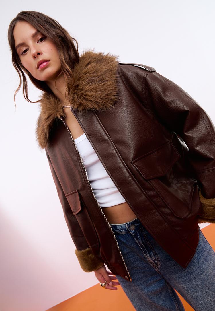 leather effect jacket with contrast collar