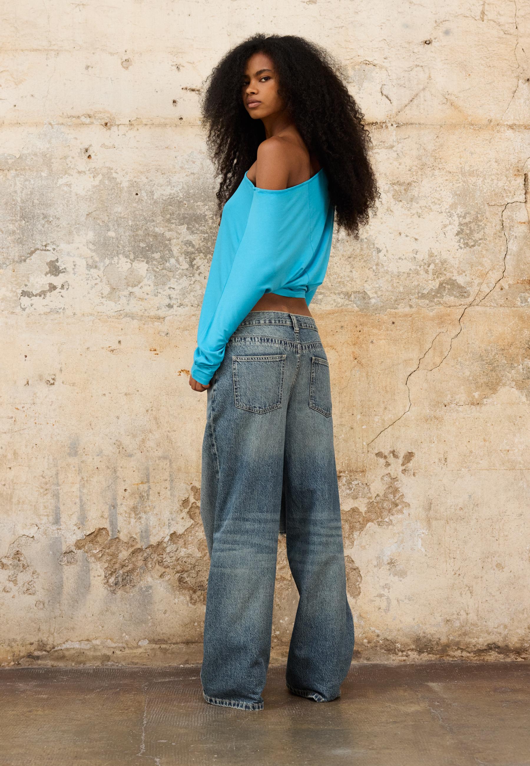Cross-over waist wide-leg jeans — MEDIUM BLUE DENIM