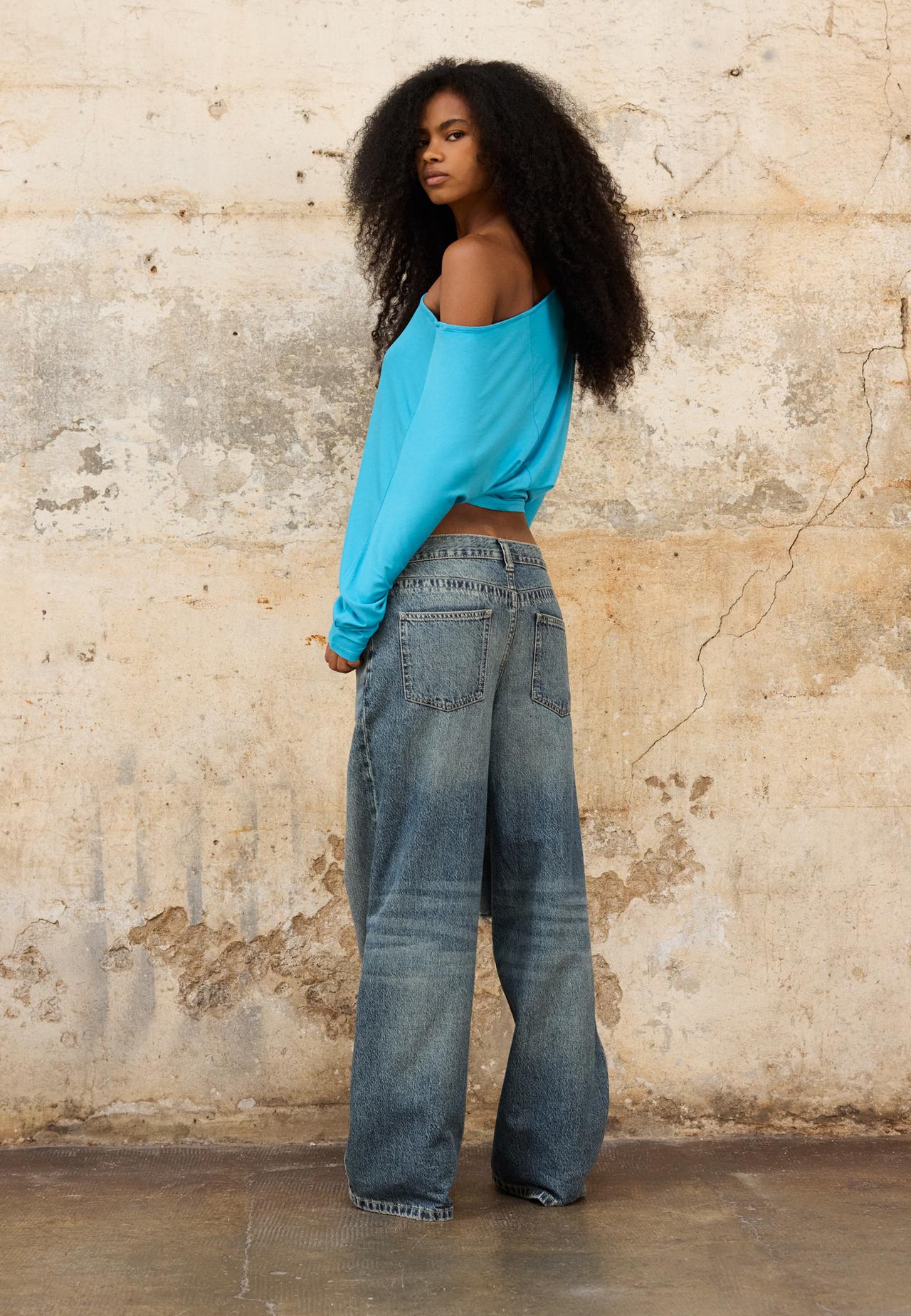 Wide-leg jeans with crossover waist — MEDIUM BLUE DENIM
