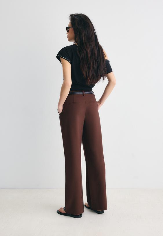 Stradivarius Pantalon Fluide Droit Ceinture Marron 36