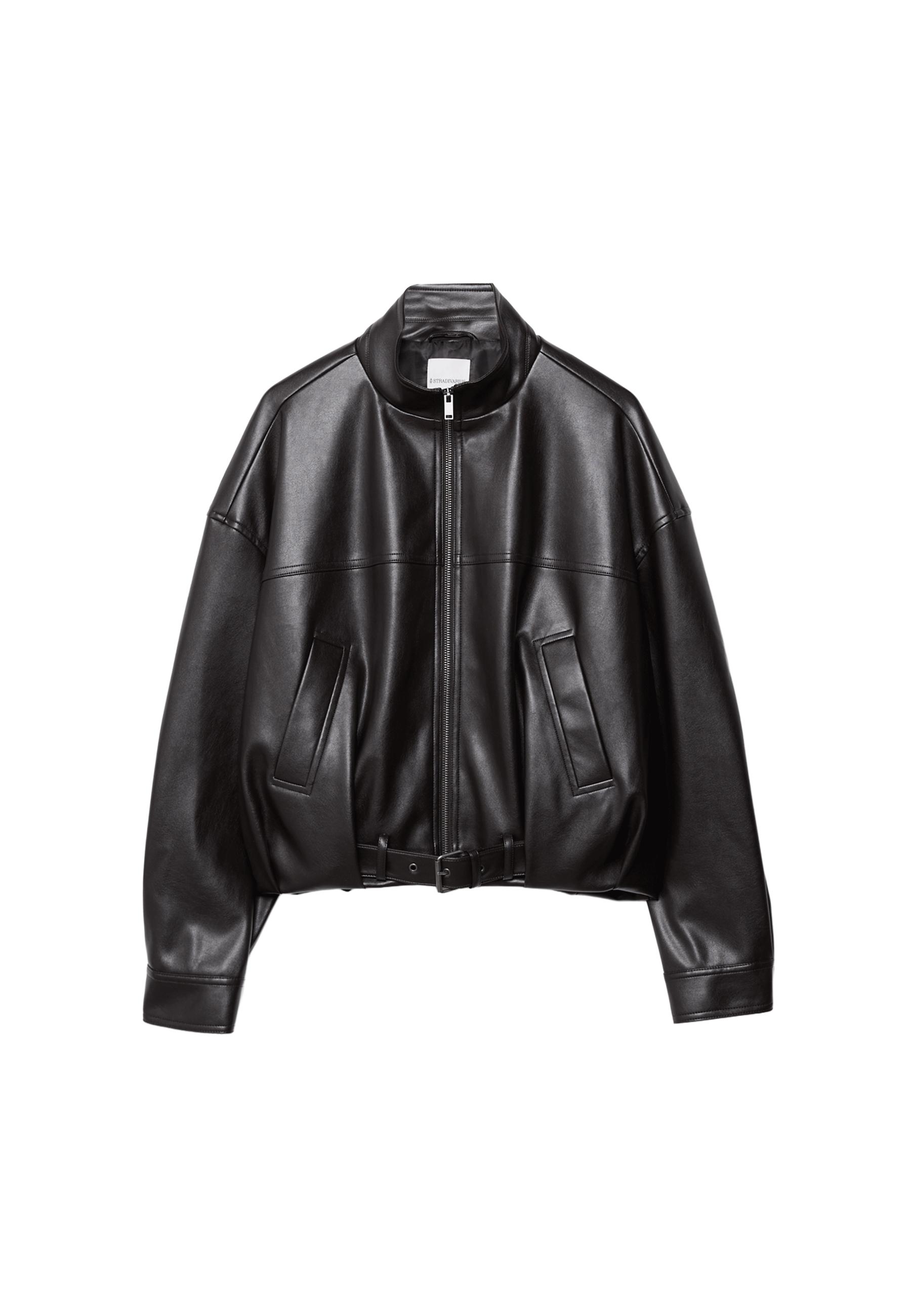 Leather effect belted bomber jacket — Brown