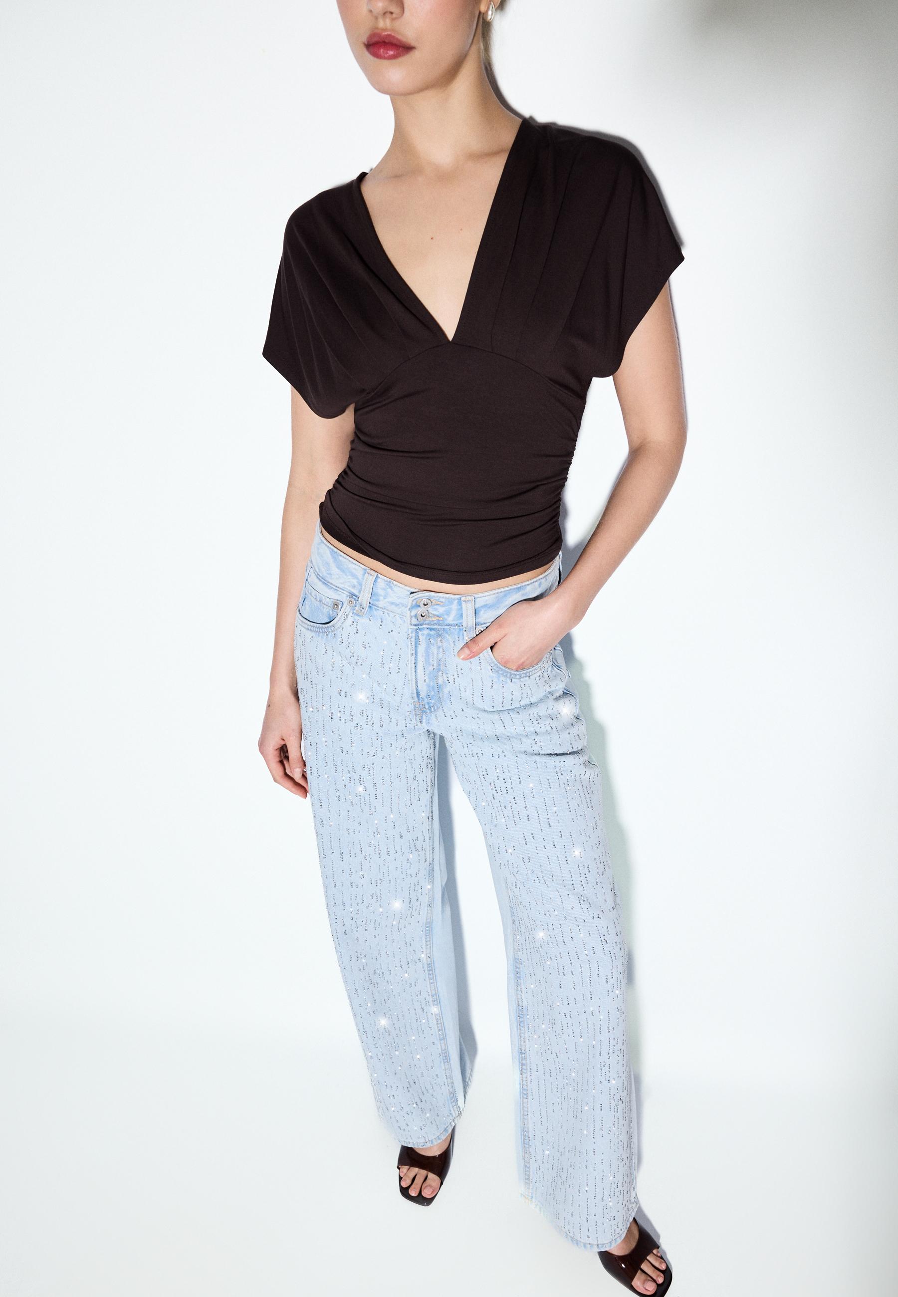 Low-waist wide-leg jeans with rhinestones — MEDIUM LIGHT BLUE DENIM