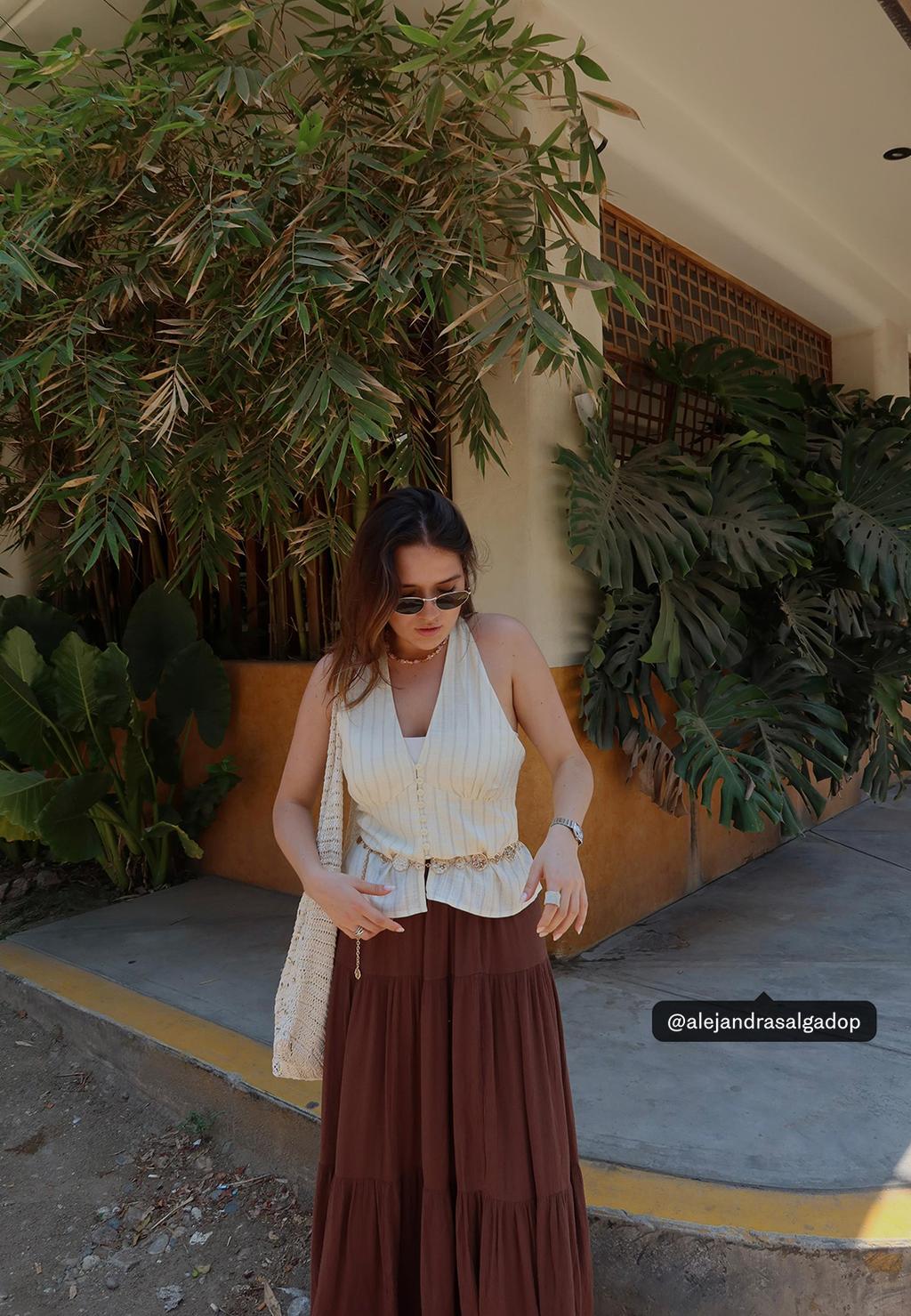 Linen blend halter top with buttons