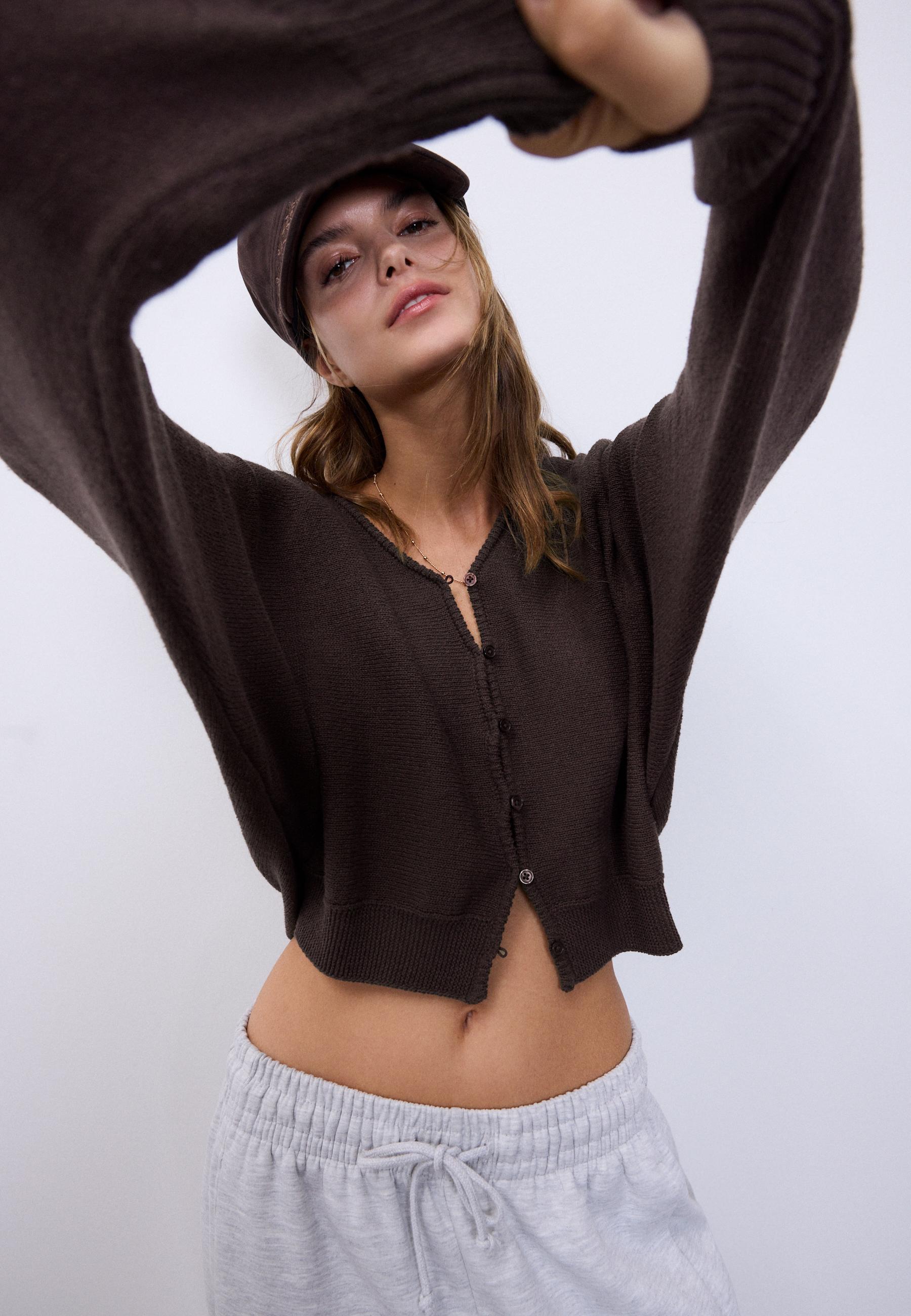 Batwing sleeve knit cardigan — Brown