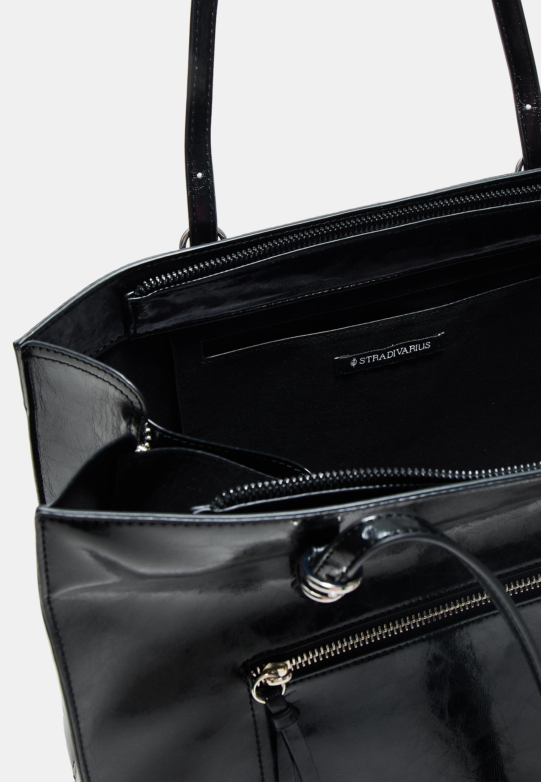 Leather effect shopper bag with zips — Black