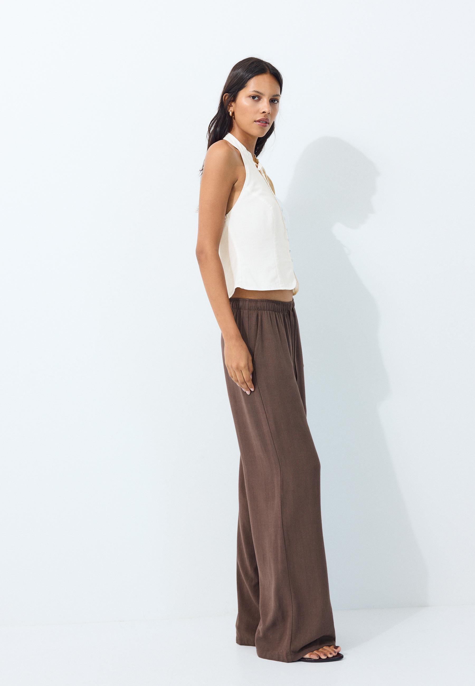 Straight-leg linen-look trousers — Brown
