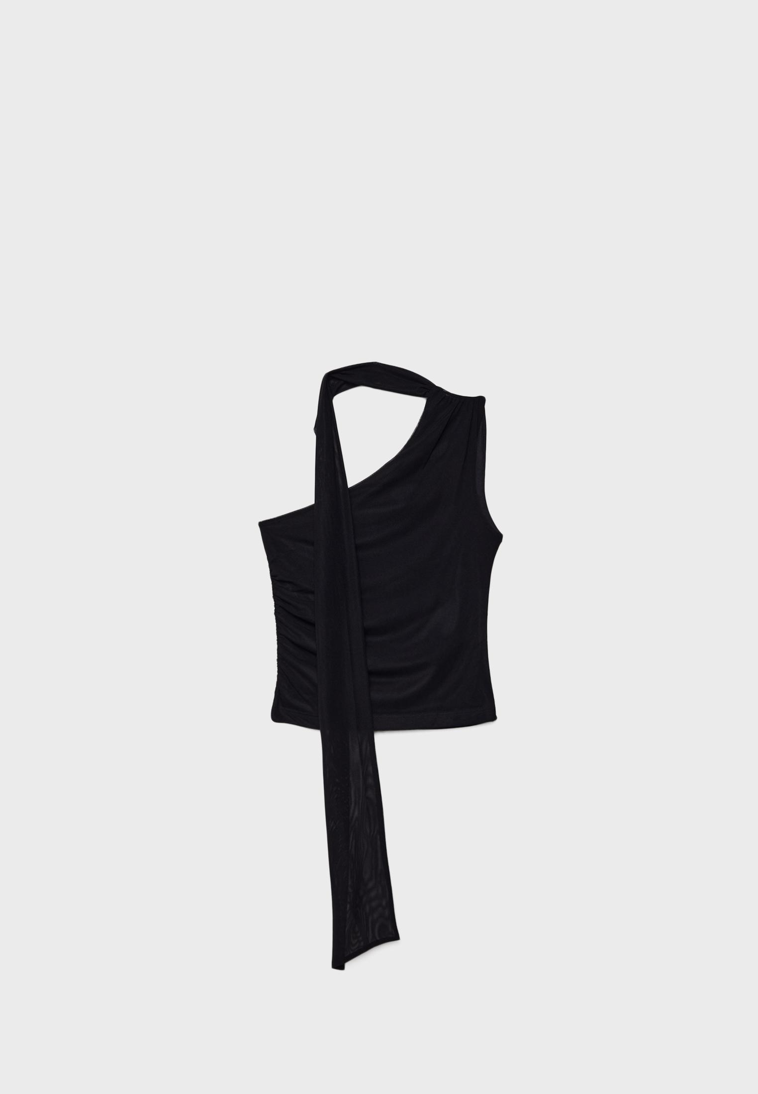 Asymmetric tulle top with scarf — Black