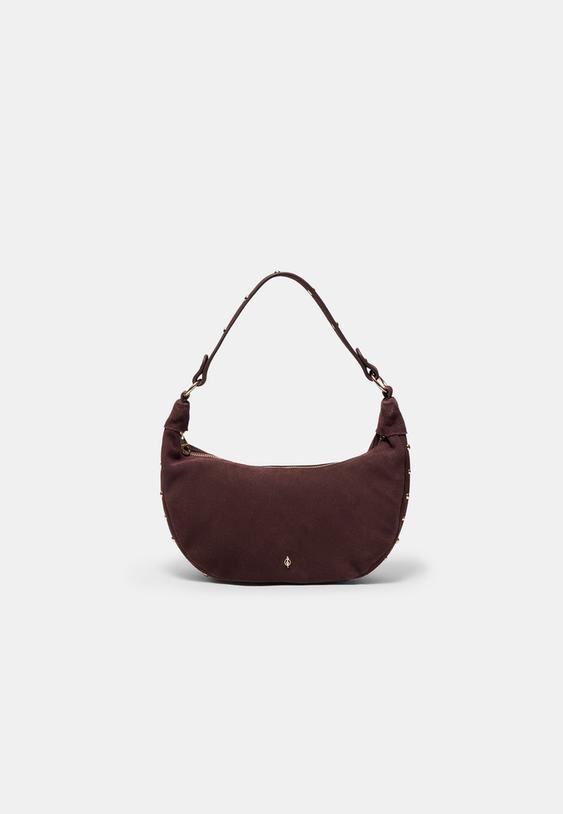 Stradivarius 100% Leather Studded Shoulder Bag Brown Os