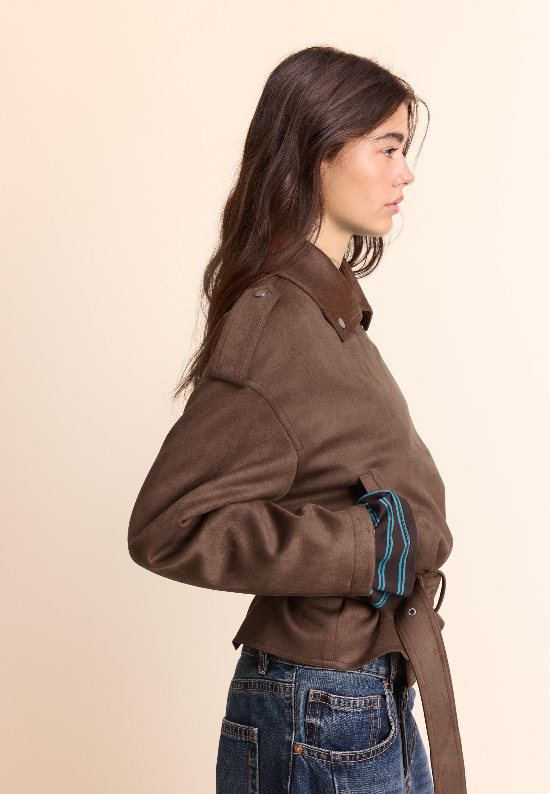 Stradivarius Μπουφάν Biker Με Ζώνη Καφέ Xl