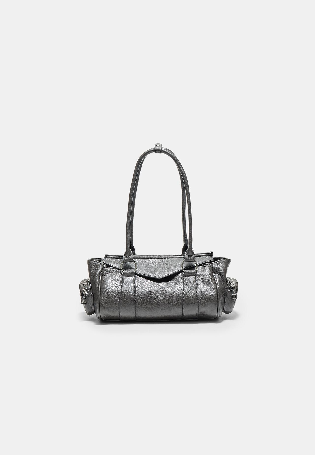 Elongated shoulder bag with pockets — Dark grey