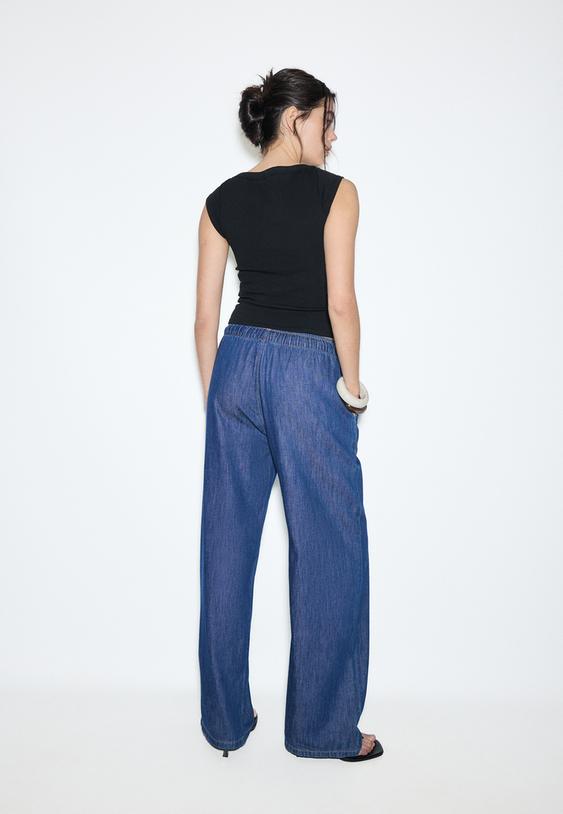 Stradivarius Pantaloni Fluizi Din Denim Cu Șnur Efect Prespălat Denim Descleiat L