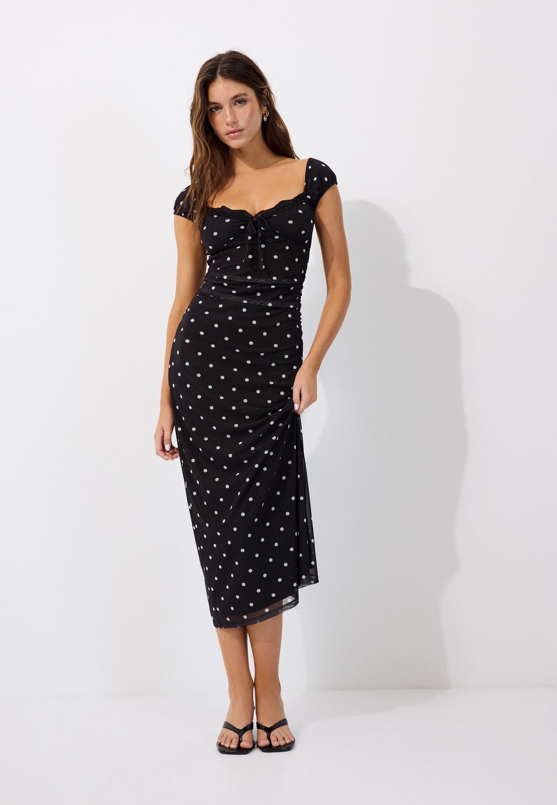 midi dress lengan pendek Nevada Polka Mix Wanita  Midi Dress Lengan Pendek Gaun