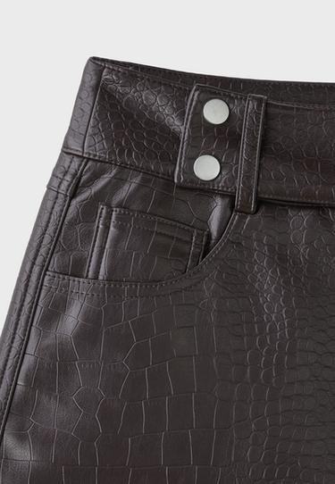 Leather effect hammer-waist mini skirt — Brown 9