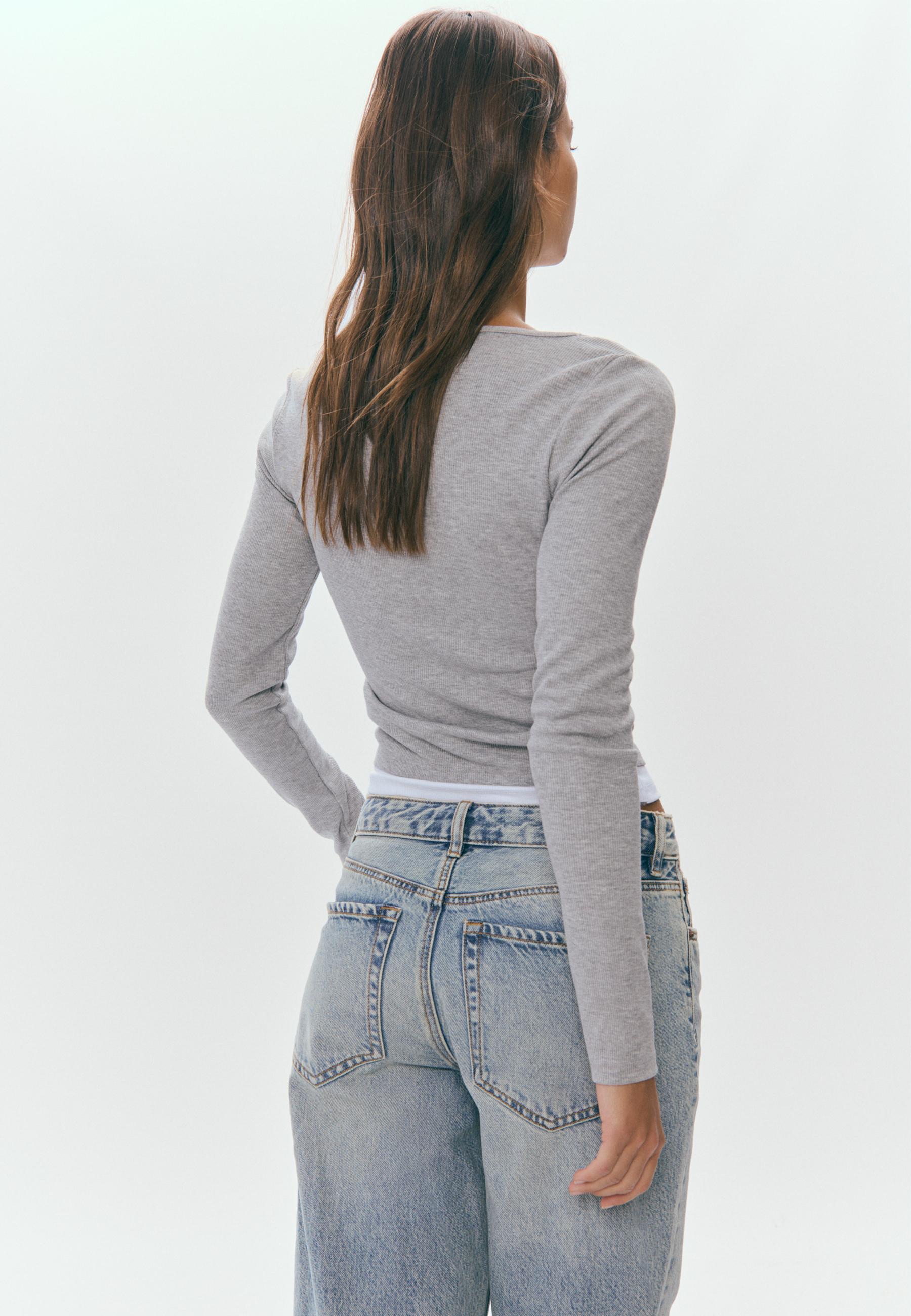 Double long sleeve snap button T-shirt — Grey melange
