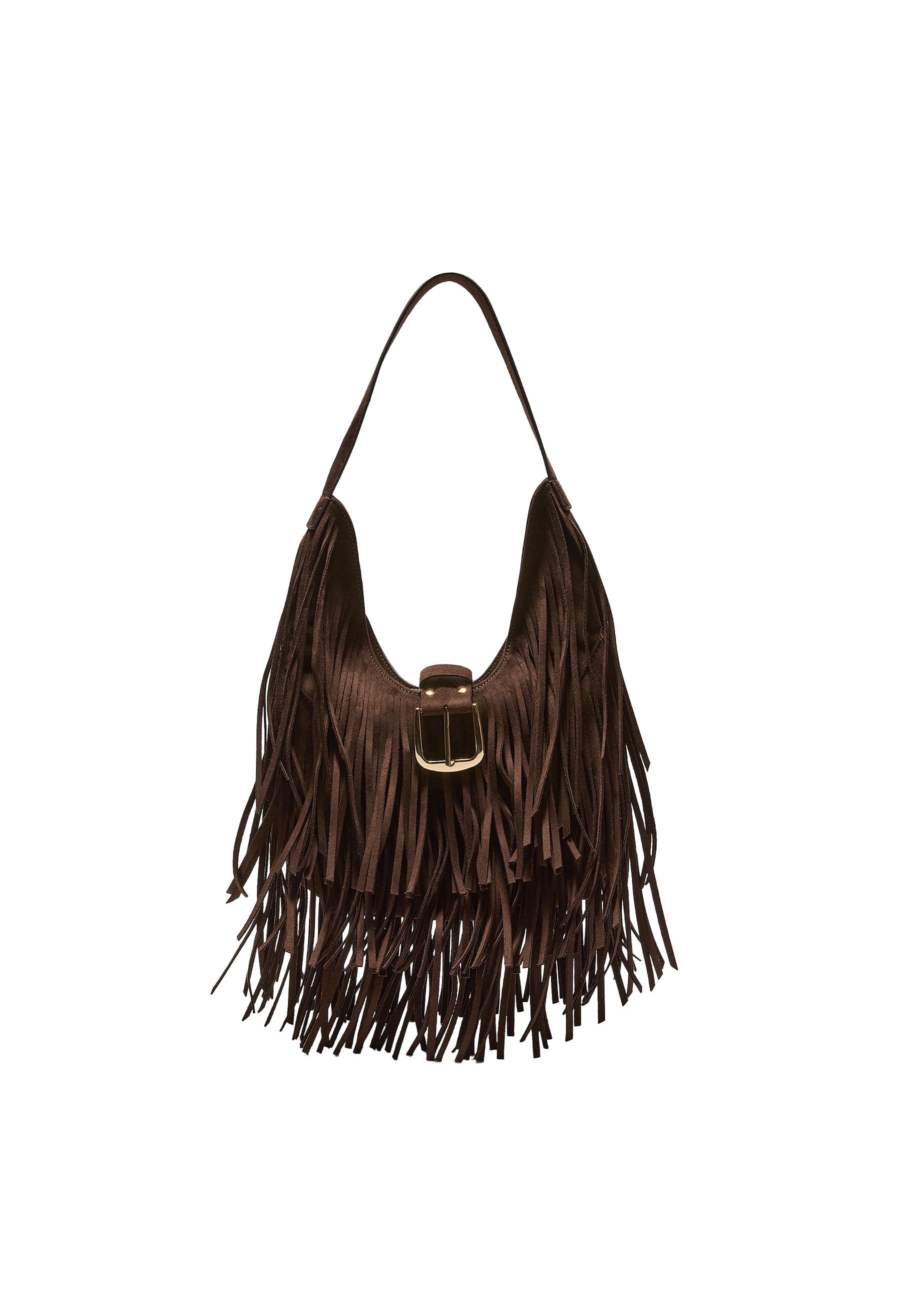 Shoulder bag with fringe and buckle detail — Brown