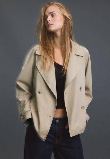 Short flowing trench coat with belt — Stone 1