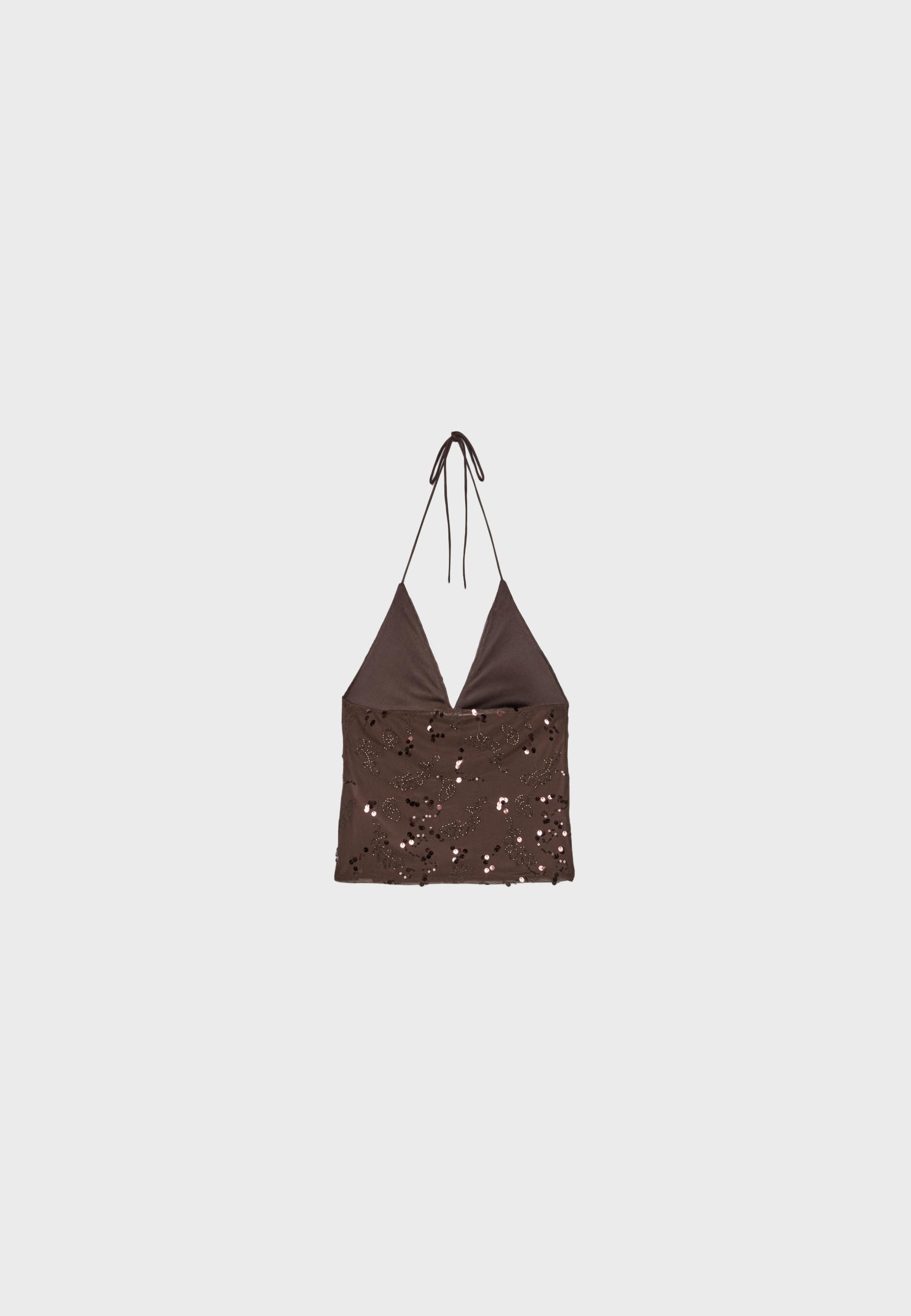 Embroidered sequin halter top — Brown