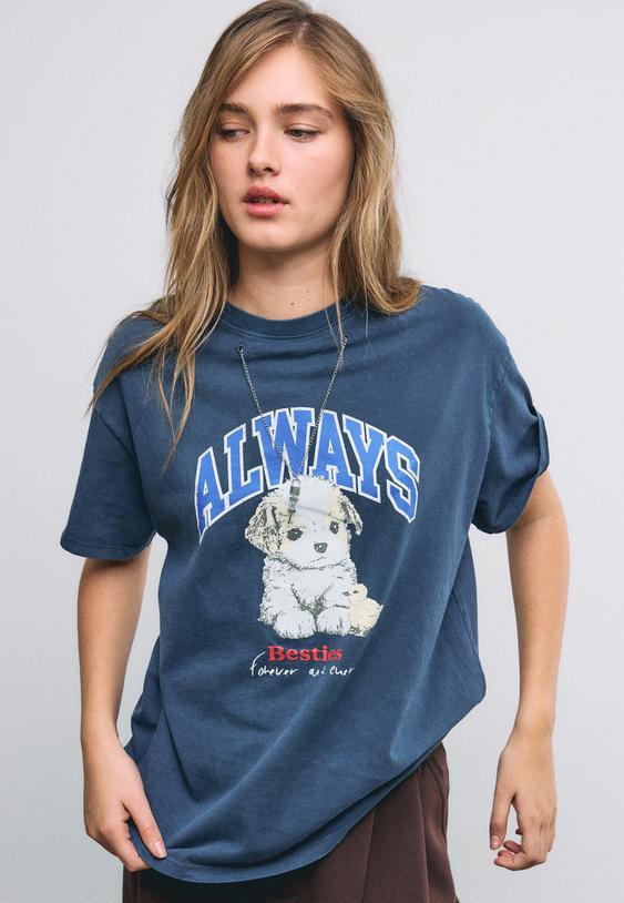 Stradivarius Short Sleeve T-Shirt With Graphic And Appliqué Navy Blue M