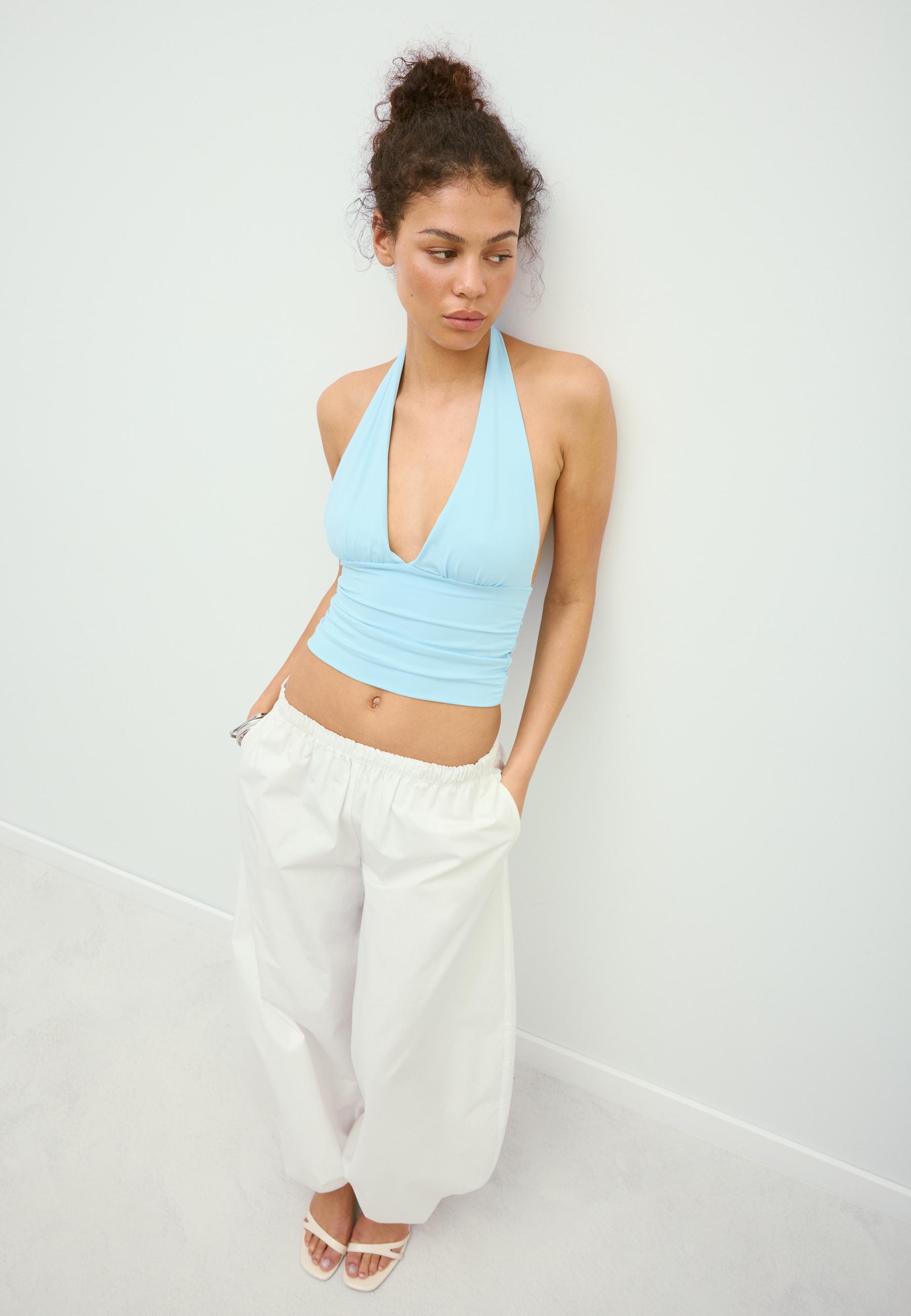 Ruched halter top with neck tie — Turquoise