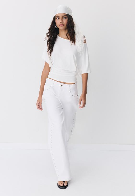 Stradivarius Short Sleeve Boat Neck T-Shirt White L