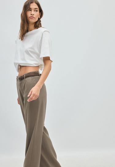 Straight-leg linen-effect trousers with belt — Brown 6