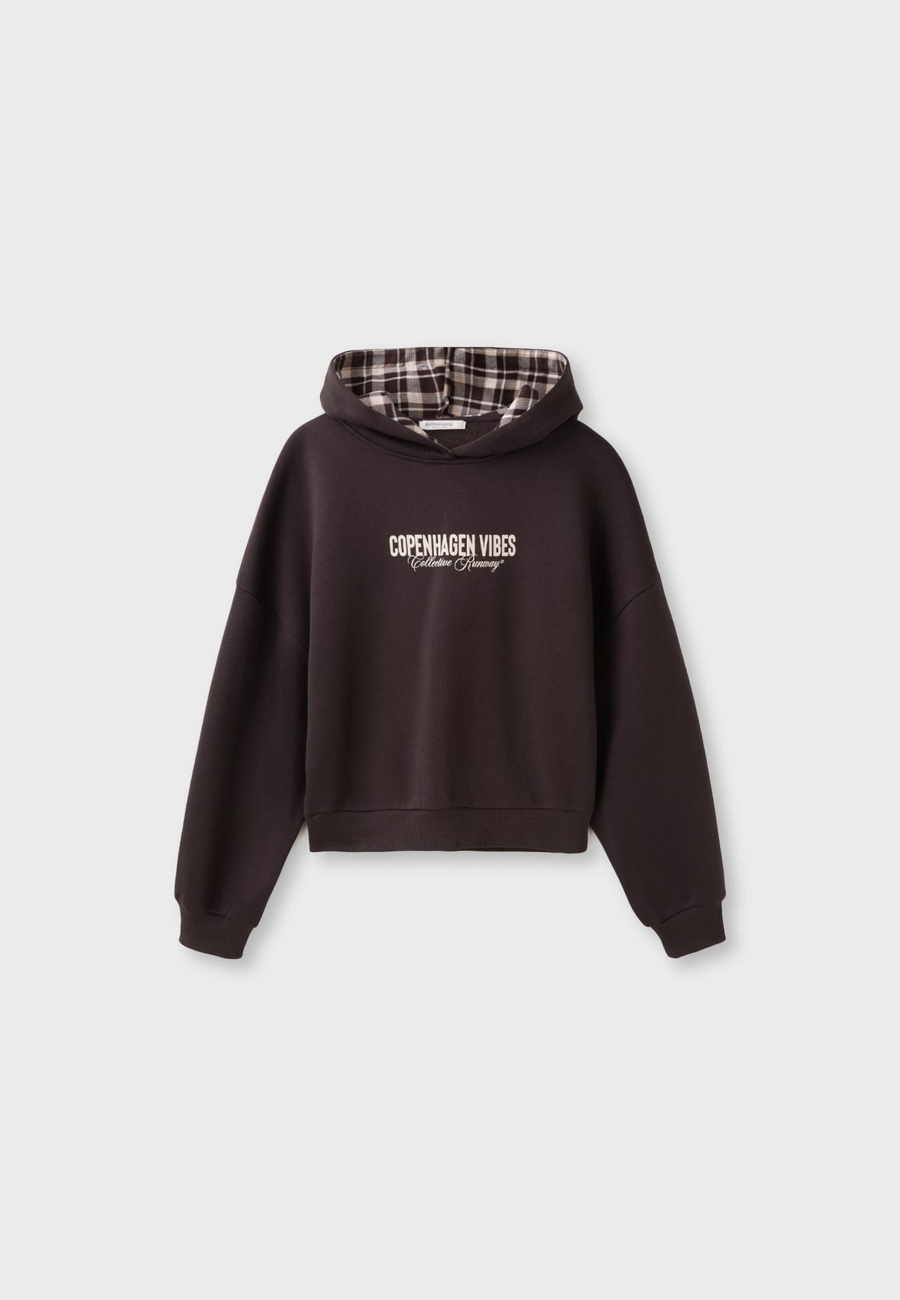 Check hood sweatshirt — Brown