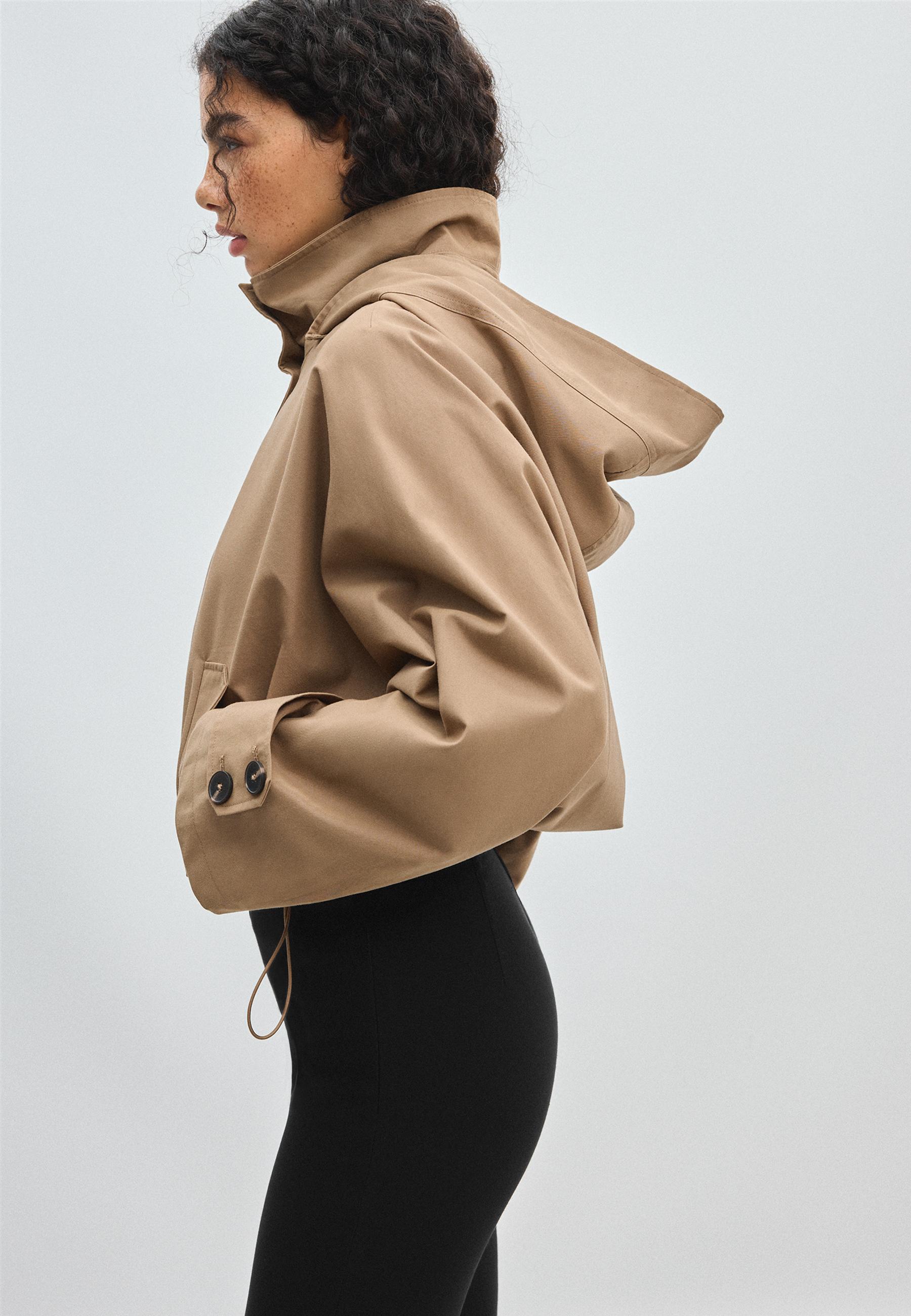 Short hooded oversize trench coat — Beige