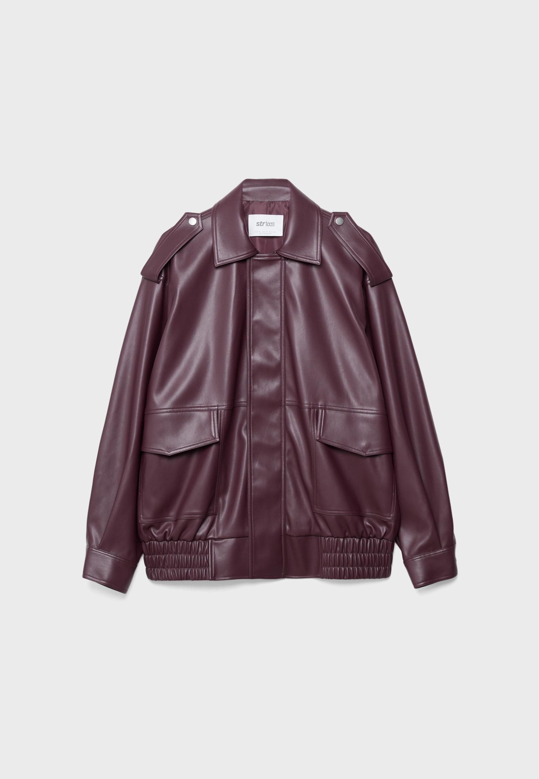 Oversize leather effect biker jacket — Burgundy