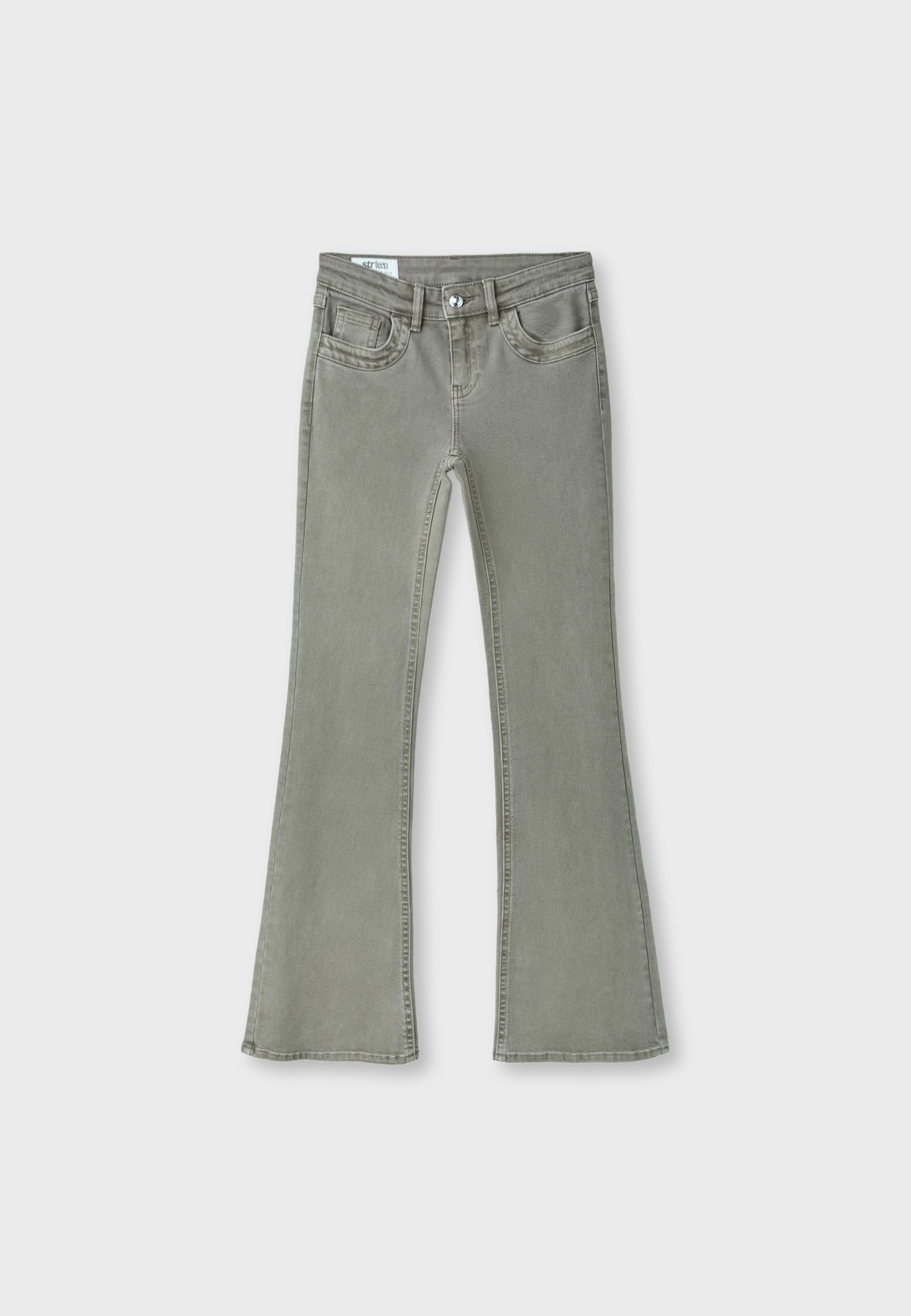 Embroidered pocket bell bottom jeans — Khaki