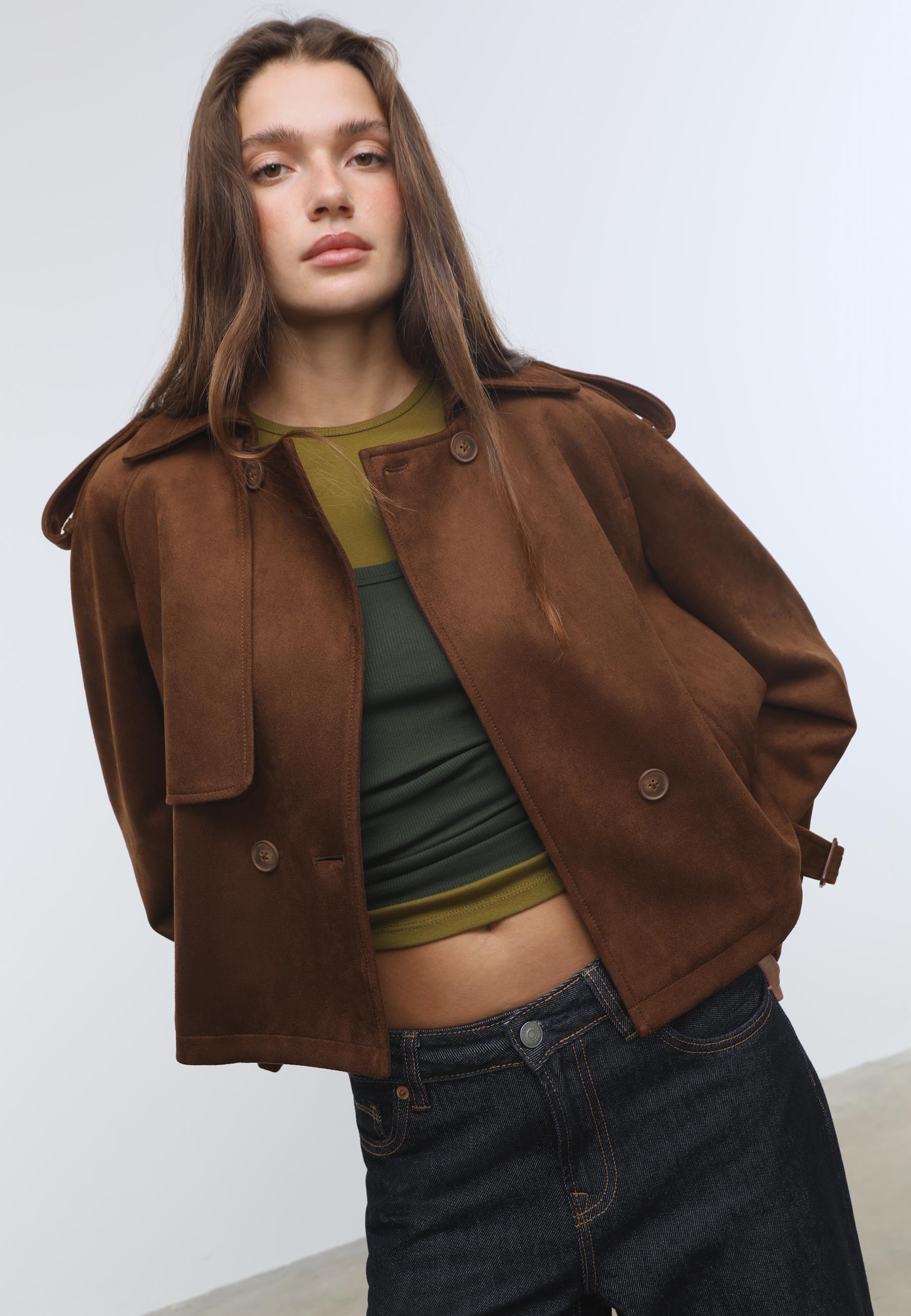 Short faux suede trench coat — Brown