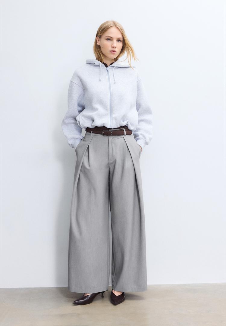 Stradivarius Pantaloni Maxi Cu Pense Și Curea Gris Amestec 32
