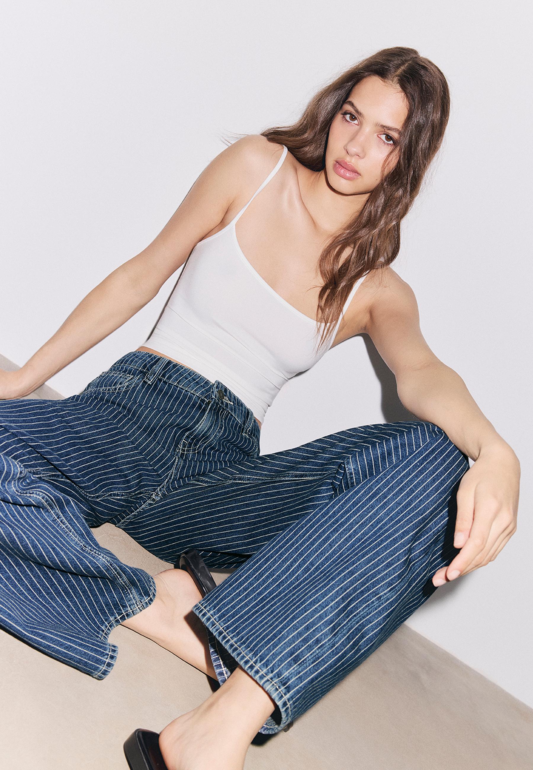 Mid-waist striped baggy jeans — MEDIUM LIGHT BLUE DENIM