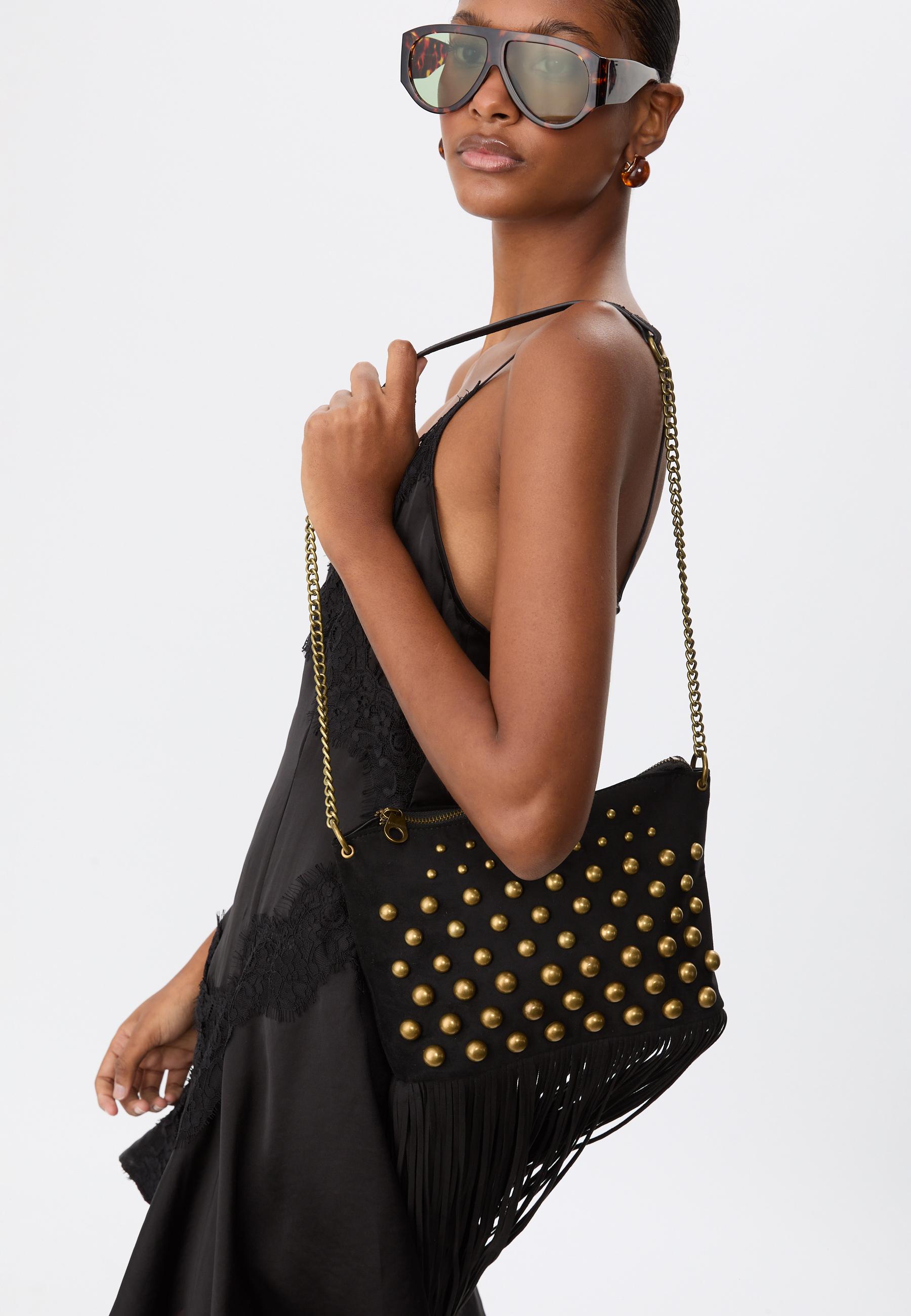 バッグ leather studs fringe one shoulder bag Crossbody bag with fringe and studs - Women's fashion