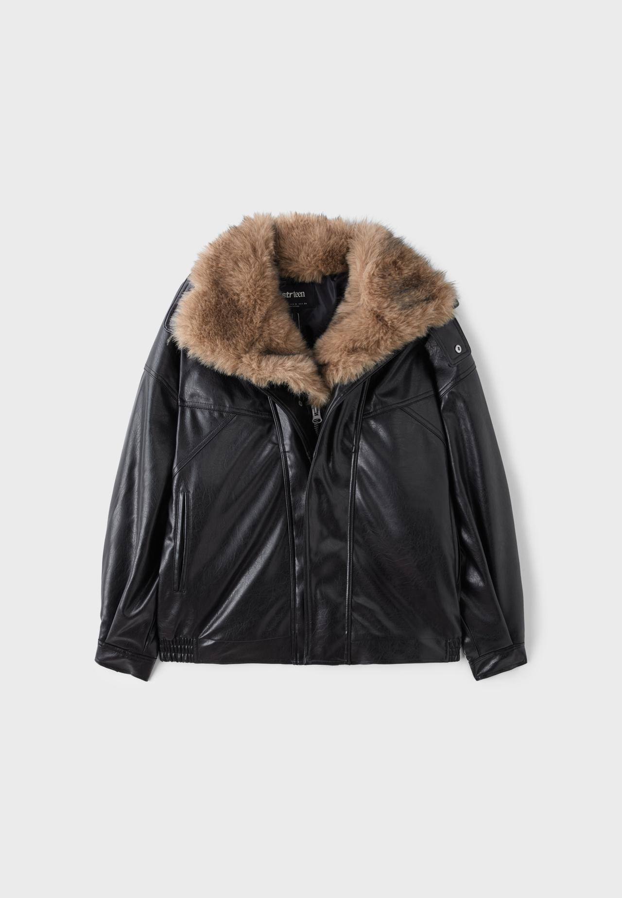 Leather effect jacket with fur collar — Black