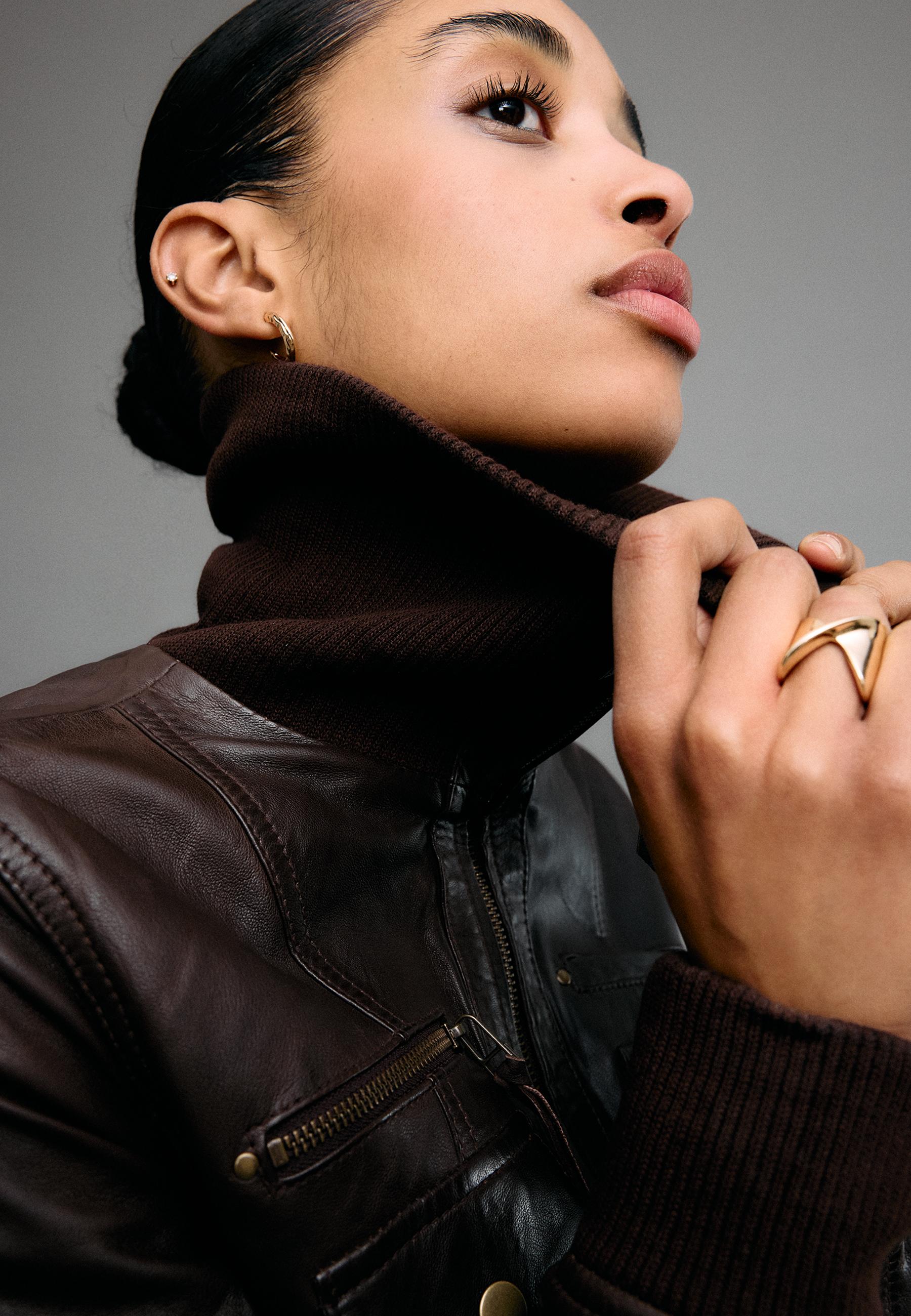 Ribbed Combined Leather Jacket — Brown