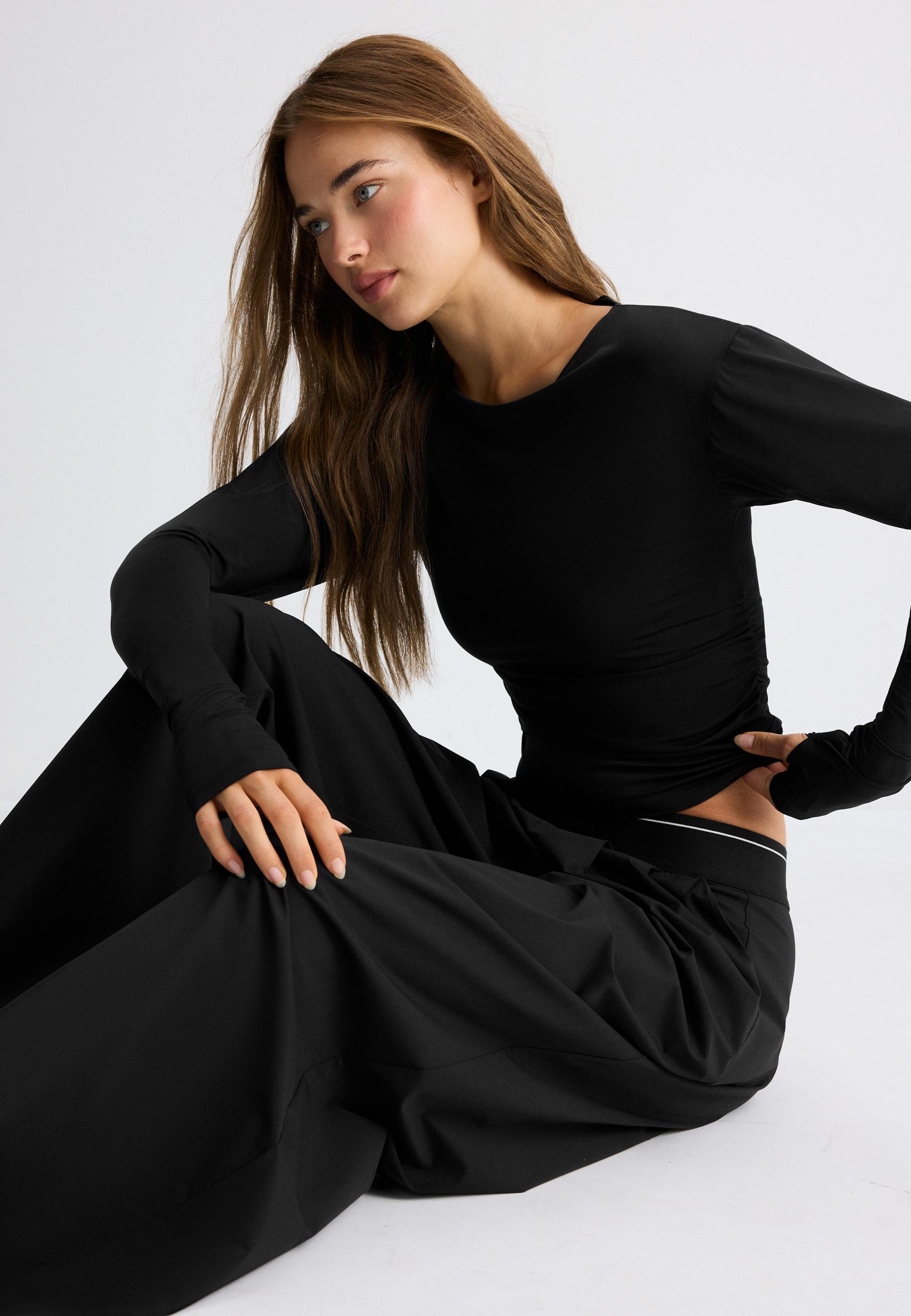 Long sleeve gathered polyamide T-shirt — Black