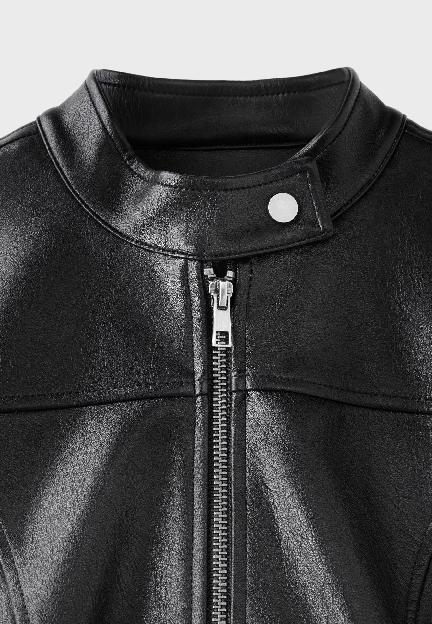 Cropped leather effect biker jacket — Black