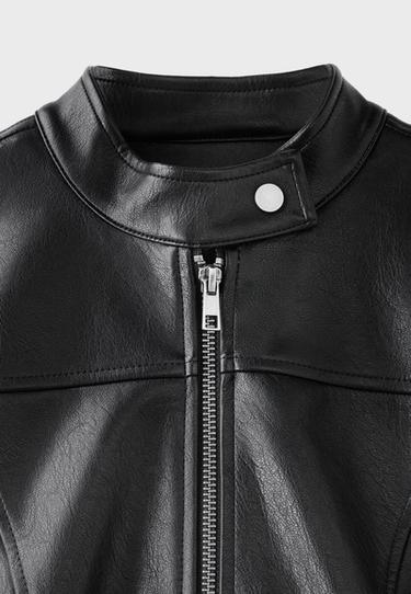 Cropped leather effect biker jacket — Black 9