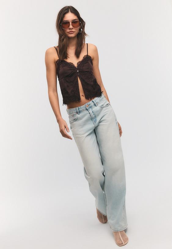 Stradivarius Strappy Satin Lace Top Brown M