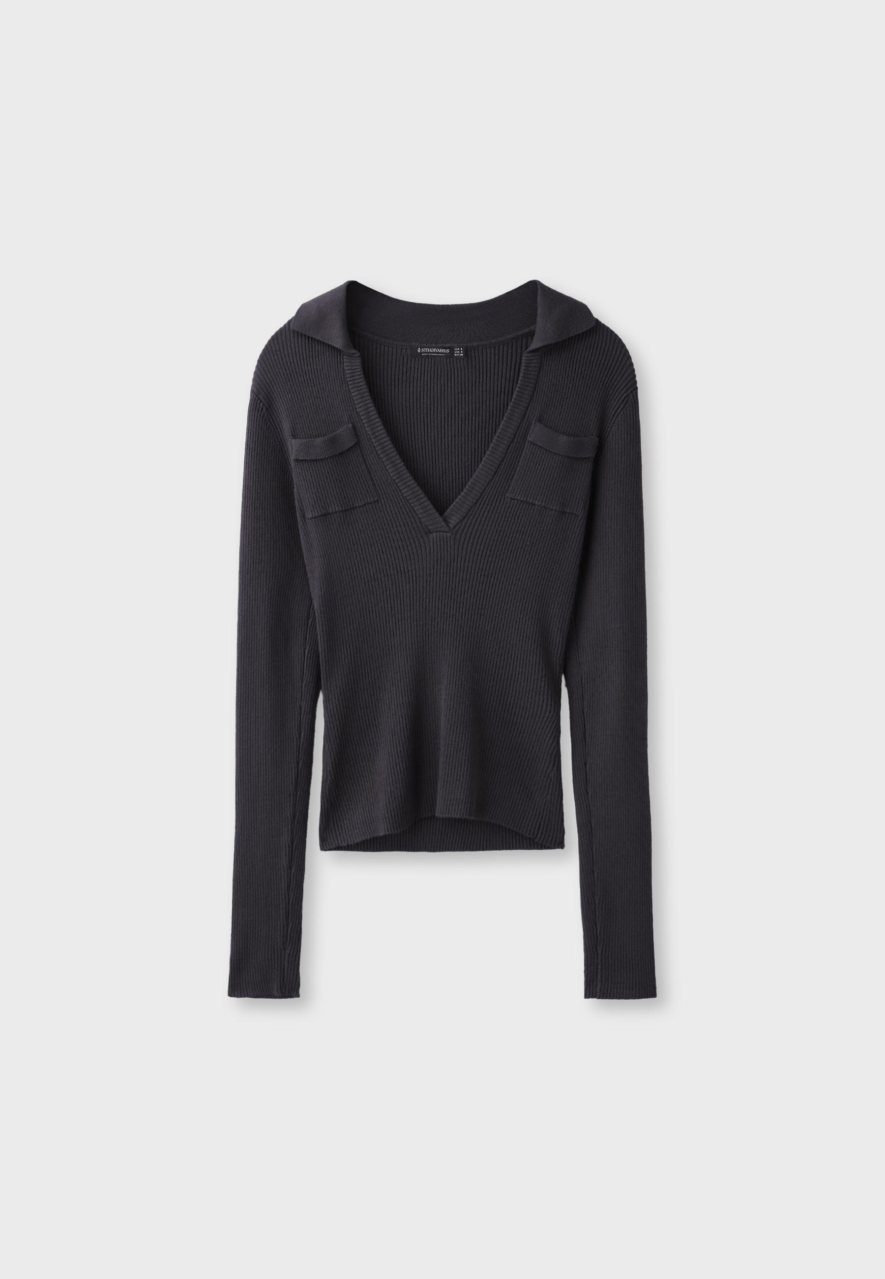 Polo collar knit jumper with pockets — Dark grey