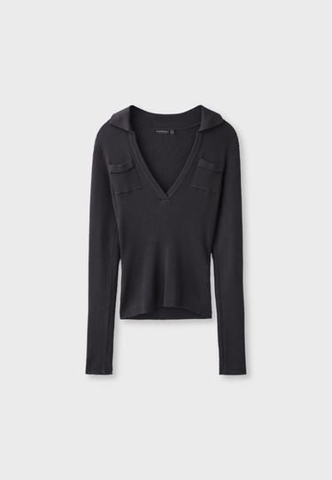 Polo collar knit jumper with pockets — Dark grey 7