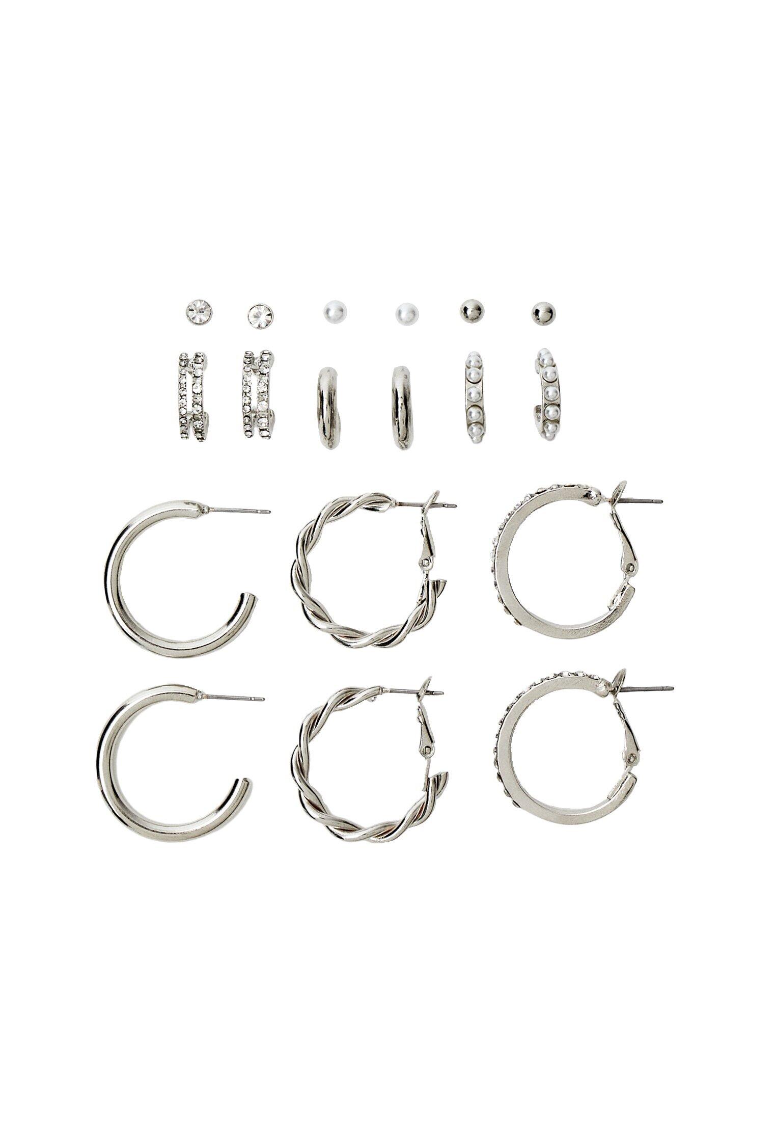 Set of 9 rhinestone and pearl bead hoop earrings — Grey